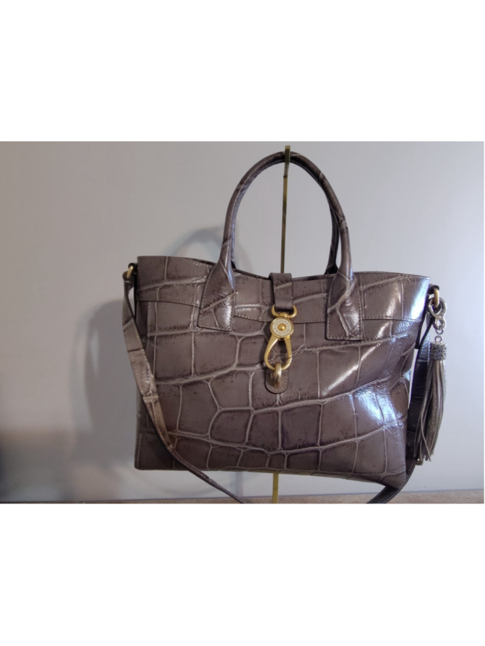 Women's Dooney & Bourke Satchel Bag Grey Crocodile Embossed Leather with belt